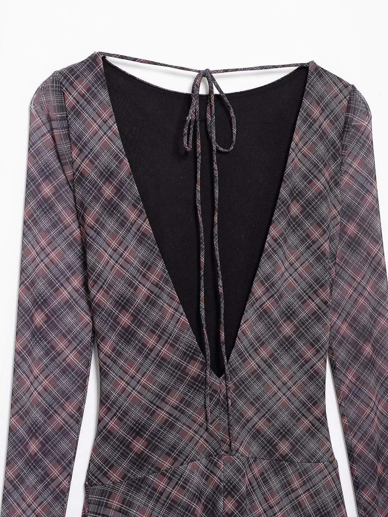 Women Backless V neck Sexy Plaid Pleated Silk Net Long Sleeve Dress