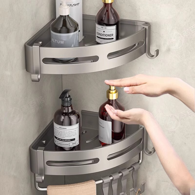 Gunmetal Gray Bathroom Shelf, No-Drill Aluminum Alloy Wall-Mounted Triangle Basket, Shower Room Bathroom Rack, Single-Layer Elevated Design Gunmetal Gray Bathroom Shelf, No-Drill Aluminum Alloy Wall-Mounted Triangle Basket, Shower Room Bathroom Rack, Single-Layer Elevated Design