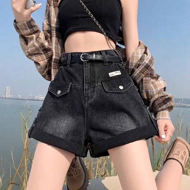 【韩牛】美式复古辣妹高腰牛仔短裤女新款显瘦阔腿a字包臀热裤子|undefined