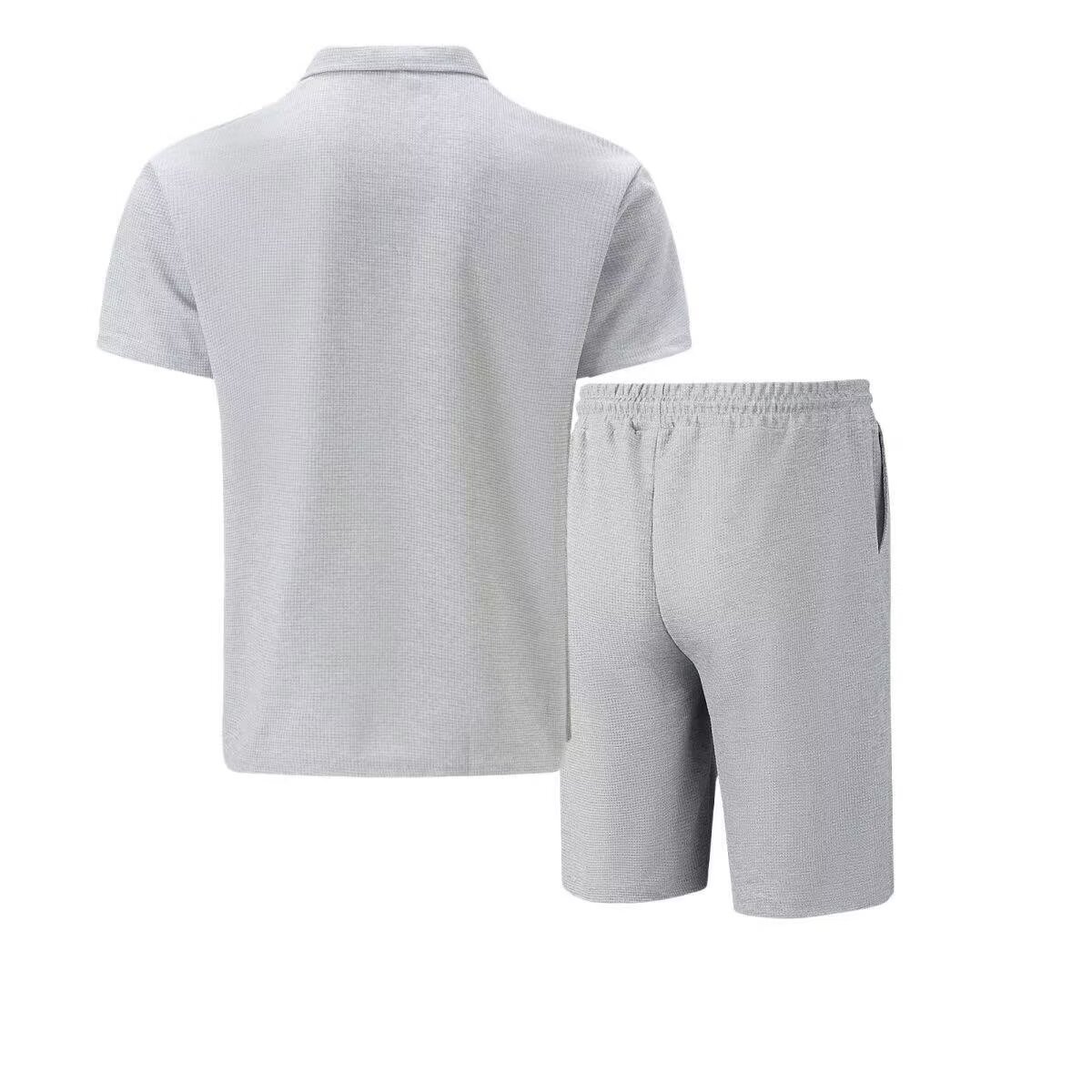 Men's Solid Color Short Sleeve Waffle Collar Half Zip Suit Summer New Style_voghion.com