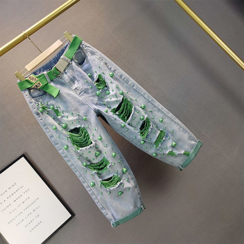 European Style Women's High Waist Distressed Jeans Loose Baggy Pants With Heavy Pearl Embellishment_ecoleips.com