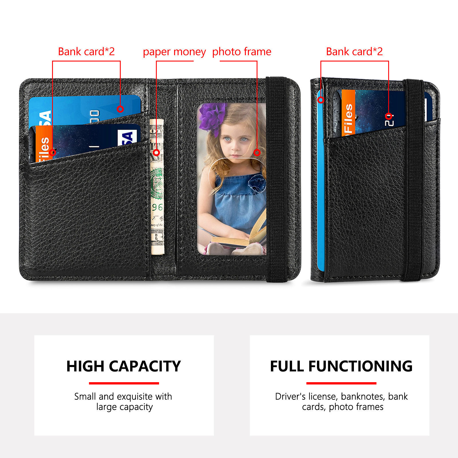 Litchi Pattern Solid Color Large Storage Card Holder Card Case Elastic Cord Backhesive with 3M Adhesive Phone Card Holder Coin Pouch Wallet Case