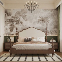 法式热带雨林壁纸客厅卧室背景墙布复古黑白丛林森林装饰墙纸壁画
