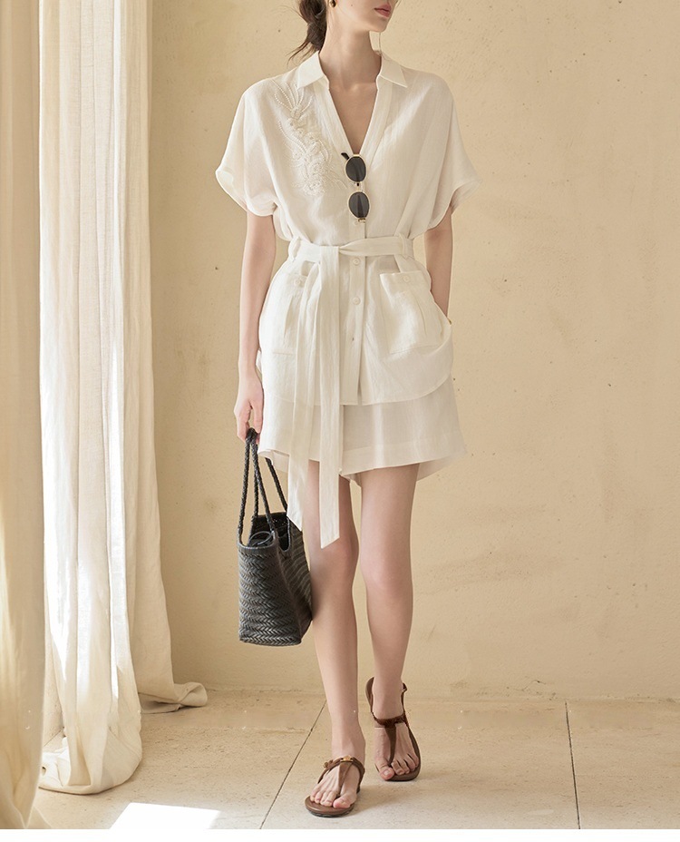 Women's Cotton Linen V-neck Belted Shorts Set Wrinkle Resistant_voghion.com