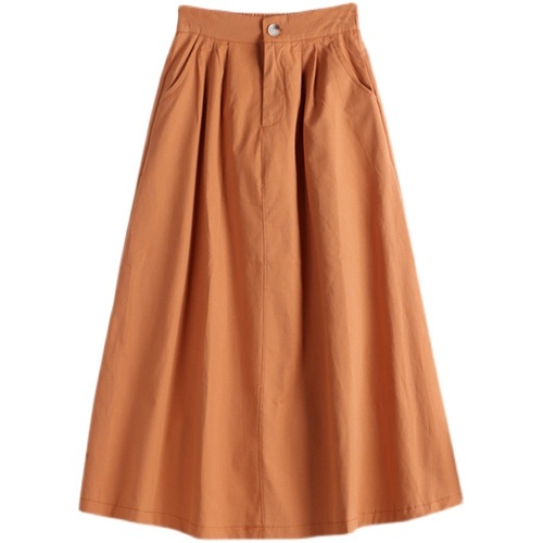 2021 new autumn solid color large swing literary Hong Kong style button pocket a-line skirt mid-length skirt for women