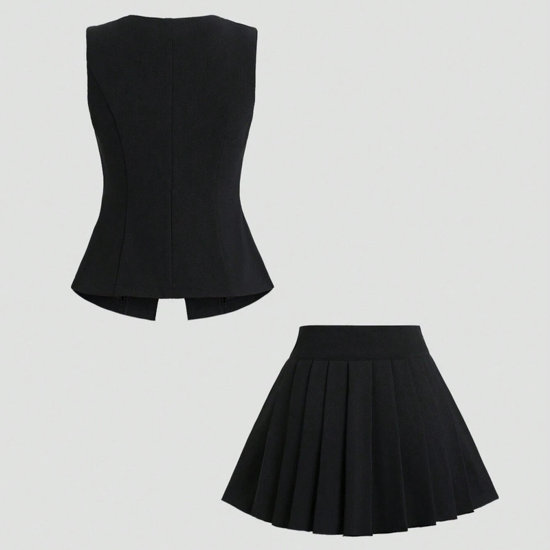 2025 Sweet Lady Elegant Luxury Style Decorative Buckle Pleated Mini Skirt 2-Piece Party Y2K Style Set