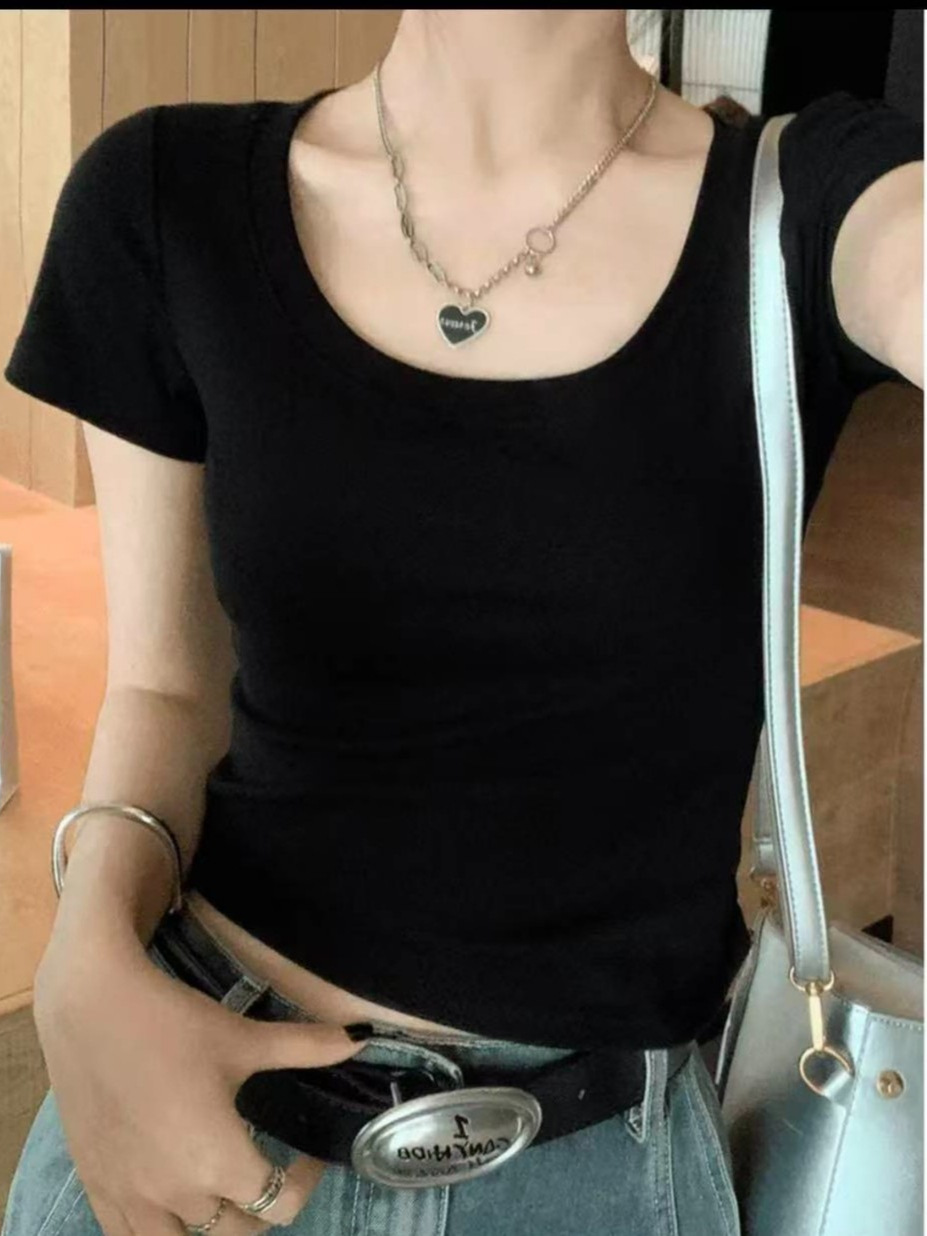 纯棉正肩u领短袖t恤女夏季甜辣多巴胺穿搭修身低圆领锁骨短款上衣