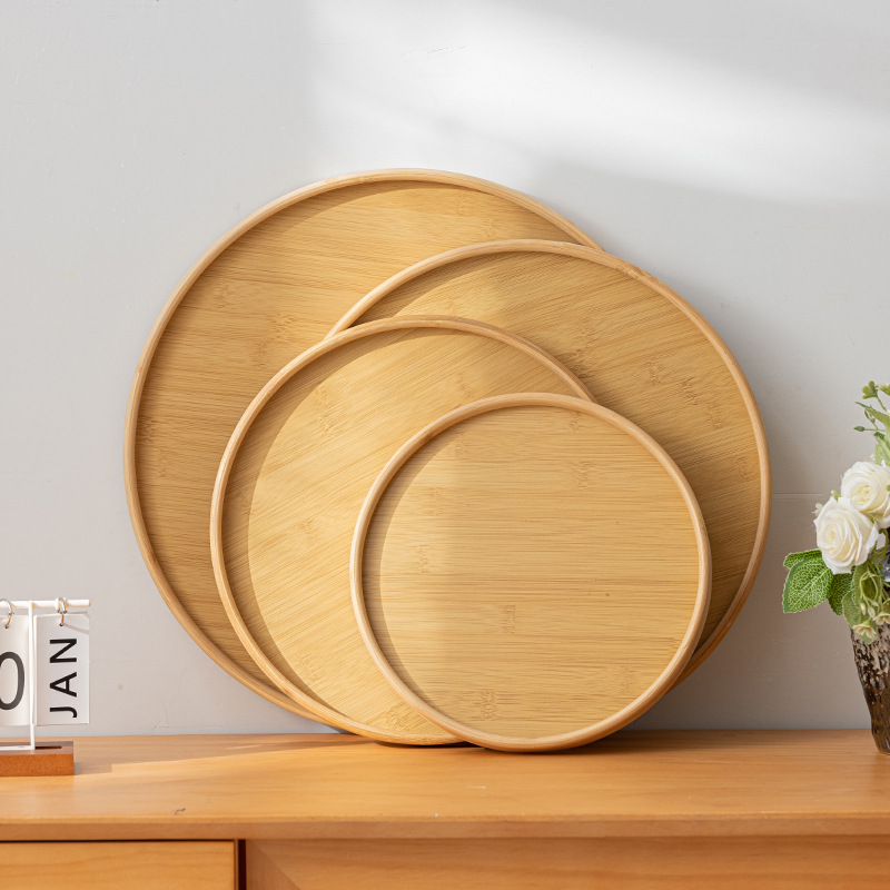 Simple Bamboo Children's Household Tea Cup Tea Set High-End Coffee Round Natural Color Multi-Functional Storage Tray