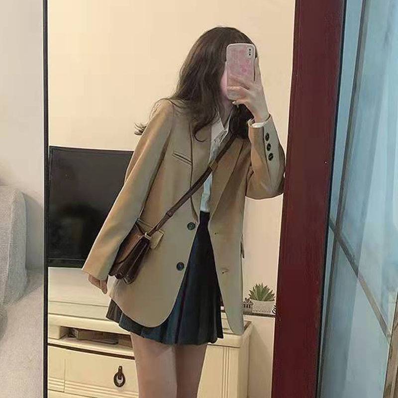Women's Khaki Blazer, High-End Loose-Fitting New Style Jacket, Mid-Length Casual Coat for Petite Students