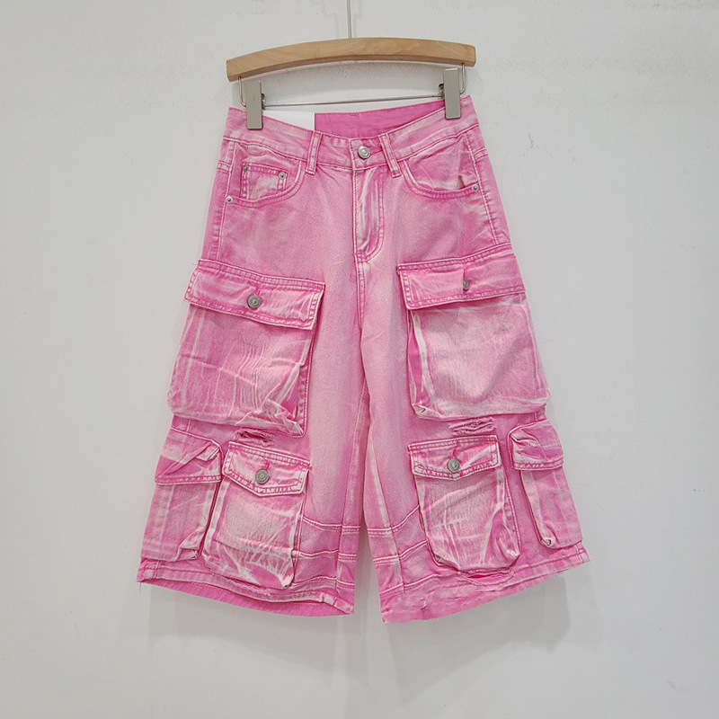 Washed Old Multi-Pocket Workwear Shorts Women's 2024 Summer American Retro Loose Ripped Straight Denim Cropped Pants