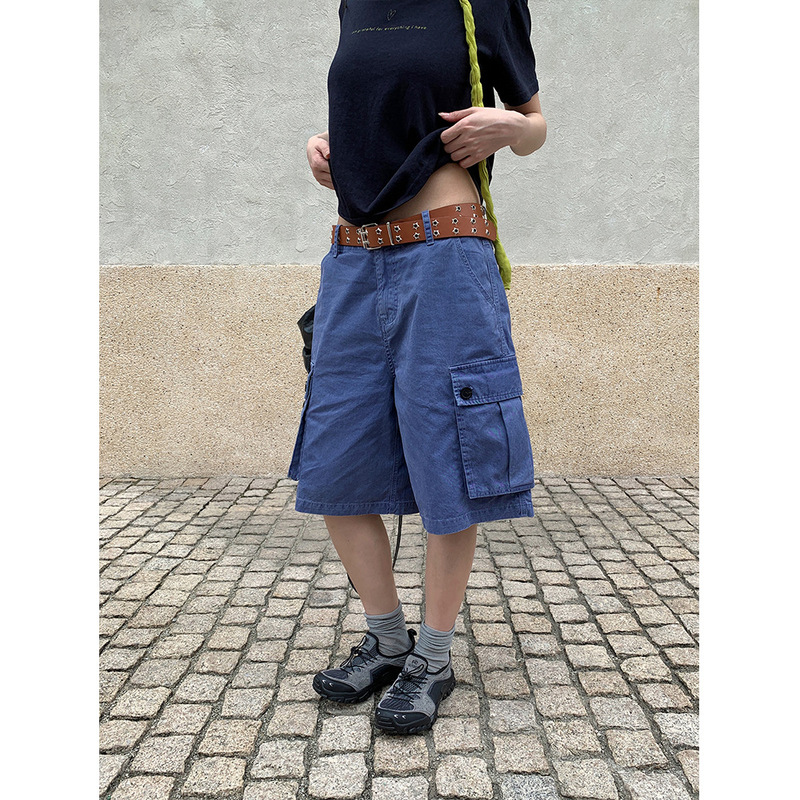 Yuyi American Retro Denim Shorts for Women, Summer Low-Waist Loose Casual Multi-Pocket Workwear Five-Point Pants 1501