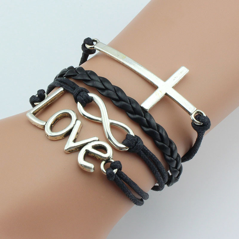 European and American multi-layer woven leather rope bracelet cross chain bracelet fashion LOVE letter bracelet factory direct sales
