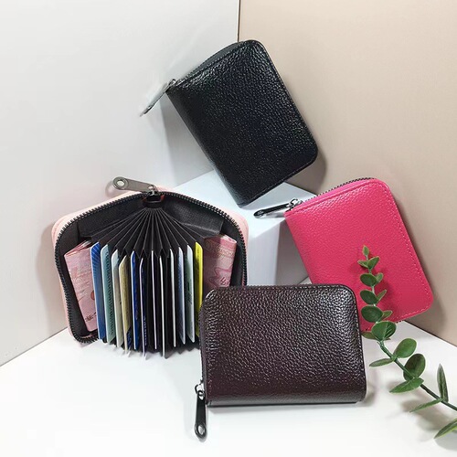High-end PU solid color lychee pattern men's card holder, small and portable, bank card slot, document holder, multi-card slot, coin purse
