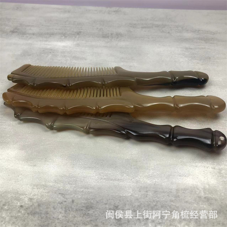 Handmade Horn Comb Bamboo Joint Handle Fine Teeth Carved Thick Round Grip 20cm key features