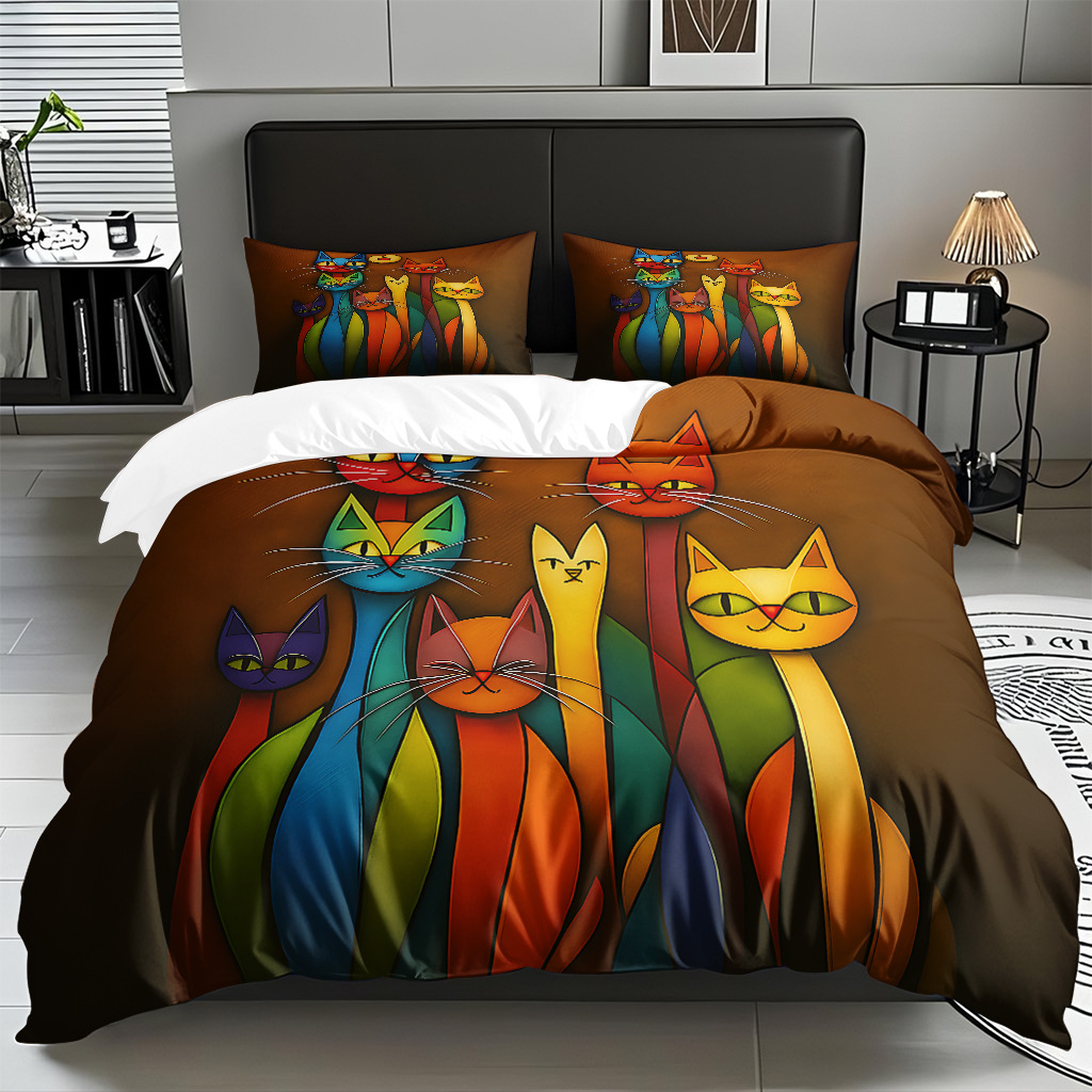 Transfronterizo textil doméstico molido caricatura gatito impresión digital suave permeable colcha colcha set fuente fábrica Temu / JIT