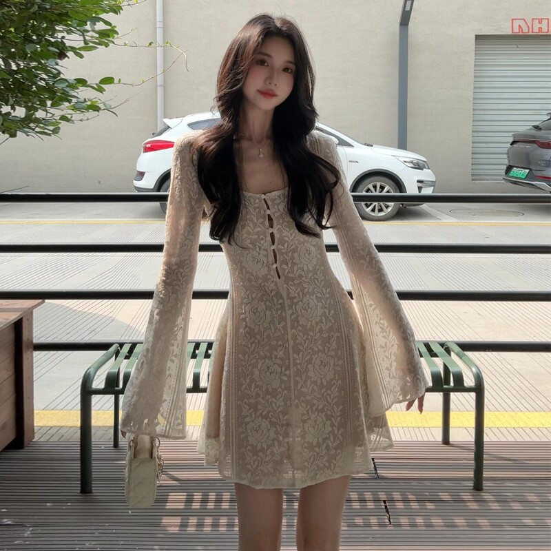 French-Style Hollow-Out Long-Sleeve Dress for Women, Autumn/Winter 2026 New Collection, Petite Waist-Cinching Elegant Lace Short Dress