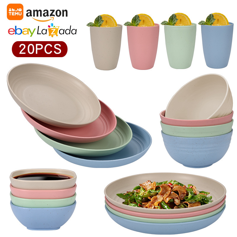 Temu Wheat Straw Plates, Bowls, Cups, Cutlery, Forks, Spoons, Tableware 20-Piece Set Plastic Plates, Bowls, Cups Holiday Gifts Eco-Friendly