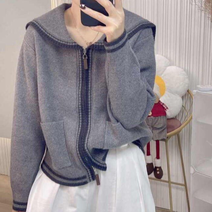 Color-Blocked Navy Collar Thickeneded Knitwear Cardigan for Women 2025 Winter New Double Zipper Knitwear Knitwear Jacket Soft and Waxy