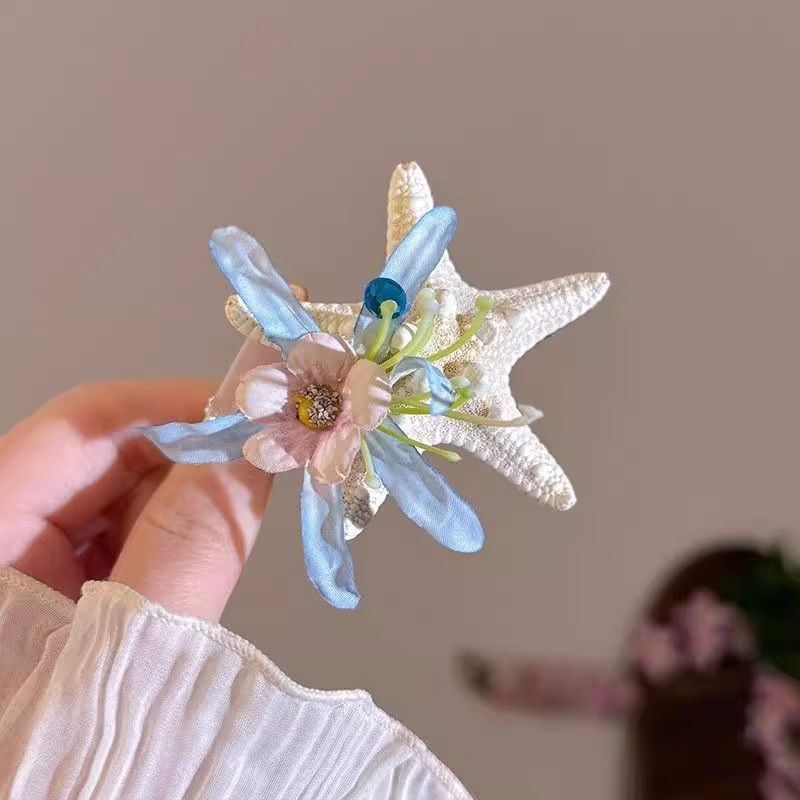 海边拍照氛围感发夹海星花朵抓夹超仙唯美侧边夹度假半扎发鲨鱼夹|undefined