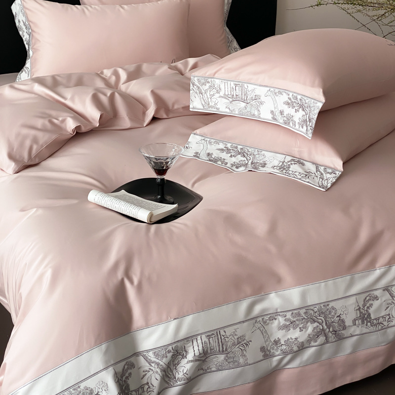 Cama de algodón de fibra larga amigable para la piel 100S retro francés de cuatro piezas de algodón estampado edredón sábana de cuatro piezas de algodón puro