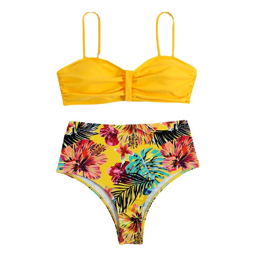 European and American foreign trade nylon printed split sexy women's high waist suspender pleated multi-color bikini swimsuit