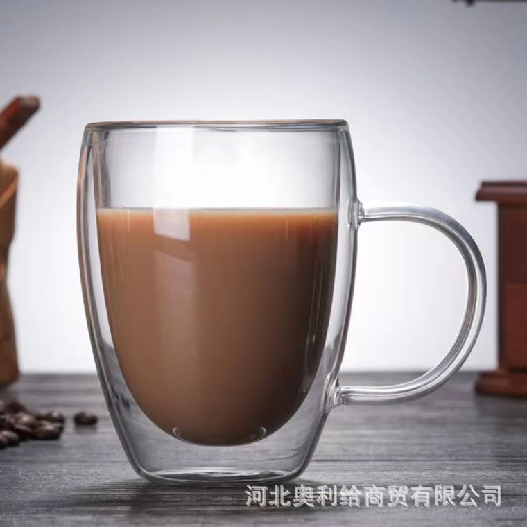 De doble capa de vidrio borosilicato jugo de leche café marca taza de agua oficina del hogar taza de agua transparente con mango
