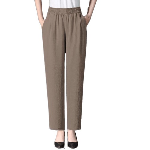 Summer lightweight mid-to-late adult high-waisted breathable plus-size mom's ankle-length pants—fashionable ice-silk linen elastic-waist women's trousers