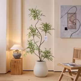 森空间绿植轻奢室内植物盆栽南天竹假树简约原木风格装饰