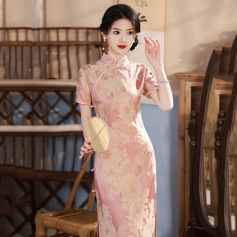 粉紅色送考國風中式長款改良旗袍2025新款女復古修身短袖走秀春夏