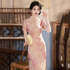 粉紅色送考國風中式長款改良旗袍2025新款女復古修身短袖走秀春夏