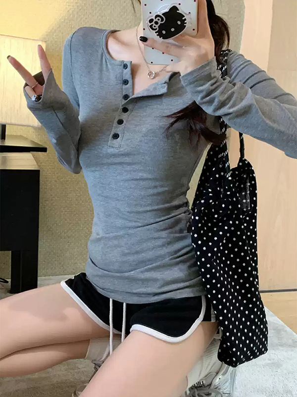 灰色半开领正肩长袖t恤女秋季中长款修身打底衫辣妹收腰显瘦上衣|undefined