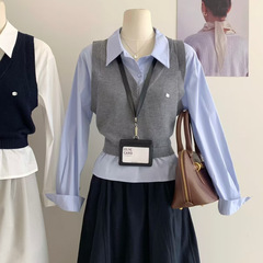 苏珊 韩系POLO领坎肩针织衫女2025秋季毛衣简约叠假两件上衣27091