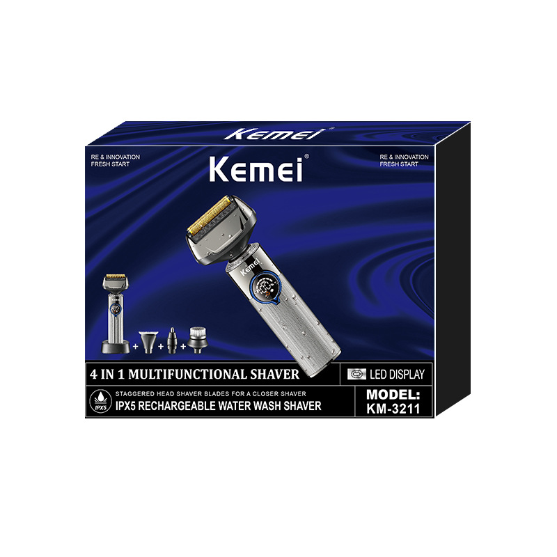 Afeitadora eléctrica recíproca Kemei, recortadora de pelo de nariz multifuncional, afeitadora impermeable cuatro en uno con pantalla digital KM-3211