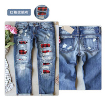 跨境亚马逊 热销欧美女士 破洞印花贴布牛仔裤中腰直筒裤长裤现货