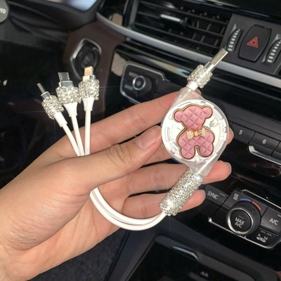 Car Charger fast charge cigarette lighter light luxury car one drag three multi-function telescopic three-in-one mobile phone data cable (Mobil şarj cihazları) - pink-golden-bear-data-cable