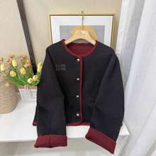 2025秋冬新款圆领小个子AB面撞色双面呢小个子短款刺绣羊绒大衣女