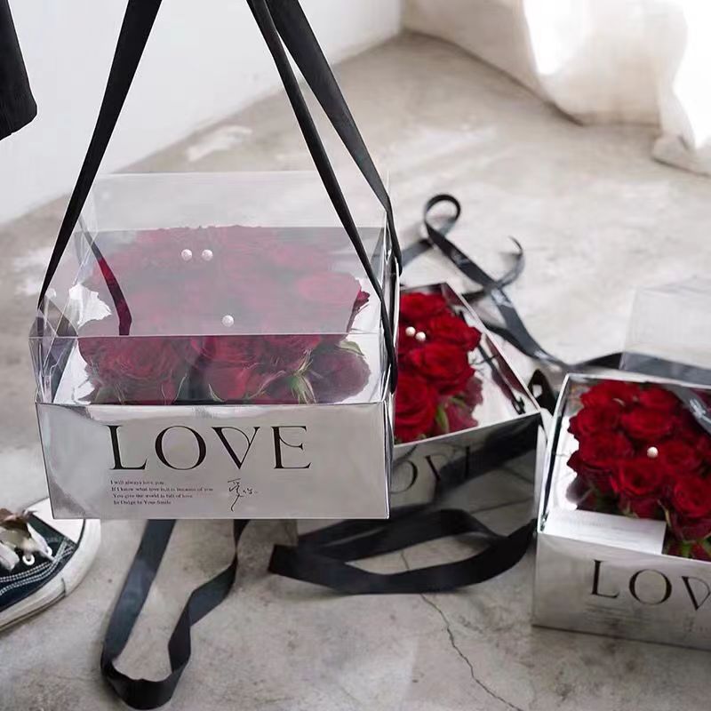 镜面抱抱桶英文手提袋折叠手提盒鲜花花束包装花盒礼盒七夕限定