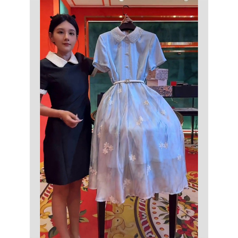 Elegant and Formal French Style Blue Dress 2025 New Women's Summer High-End Skirt