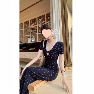 【工厂直销】纯欲扭结碎花短袖连衣裙女夏季收腰显瘦韩系A字长裙