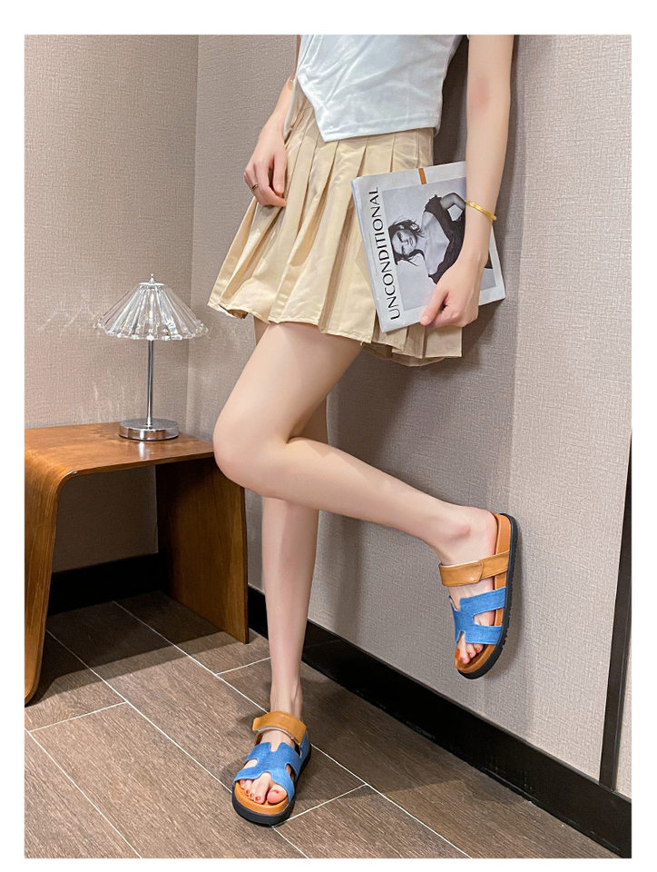 Dép sandal nữ quai ngang xỏ ngón đế dày, khóa dán tiện lợi, đi ngoài mùa hè — Màu trắng, Màu đen, Xanh denim phối nâu, Xanh mực ghép Hồng chi tiết 29