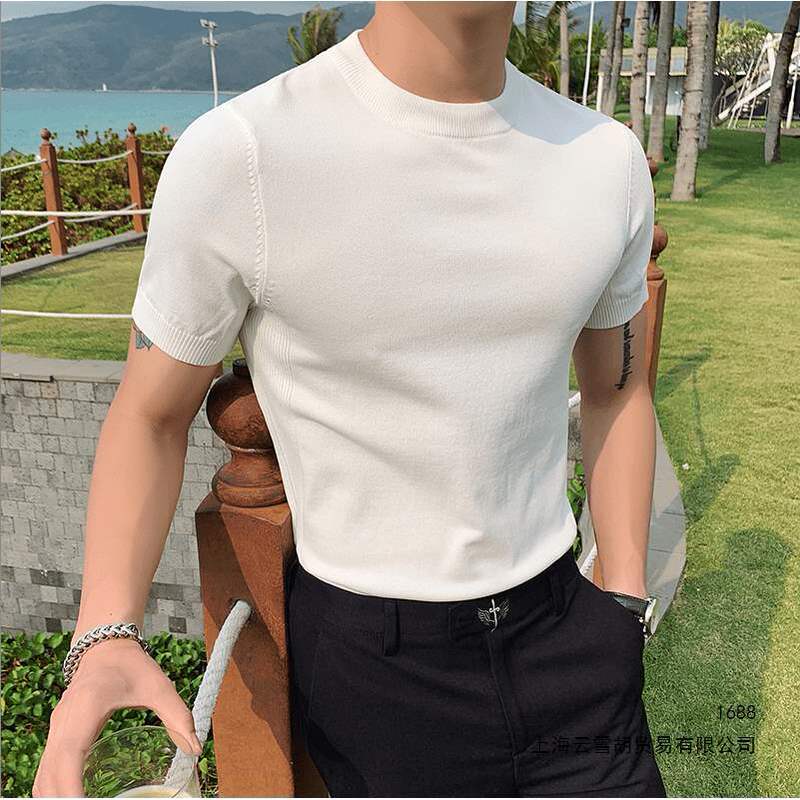 Ice Silk Short-Sleeved T-Shirt for Men, Spring and Autumn Sweater, Knitted Top, Korean Style Slim Fit Men's Casual Base Shirt
