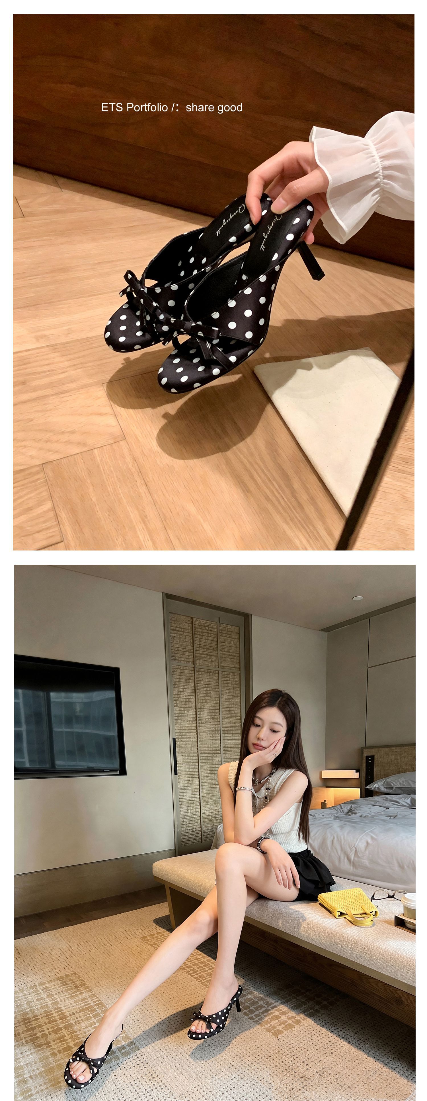 Sandal cao gót nữ hở mũi phong cách Pháp, chất liệu satin họa tiết chấm bi/chấm sóng, gót nhọn 9 cm — Điểm sóng đen, Trang chủ, Điểm sóng trắng chi tiết 13
