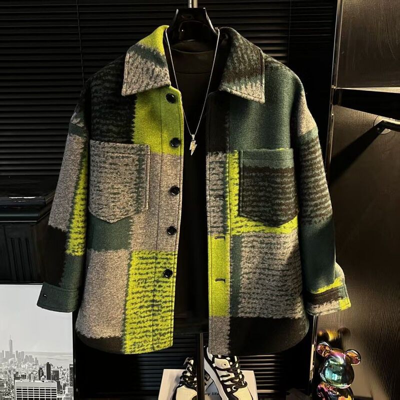 Men's Autumn and Winter Plaid Splicing Design Loose Casual Tops Trendy Versatile Lapel High-End Temperament Jacket Men's Clothing Men's Autumn and Winter Plaid Splicing Design Loose Casual Tops Trendy Versatile Lapel High-End Temperament Jacket Men's Clothing