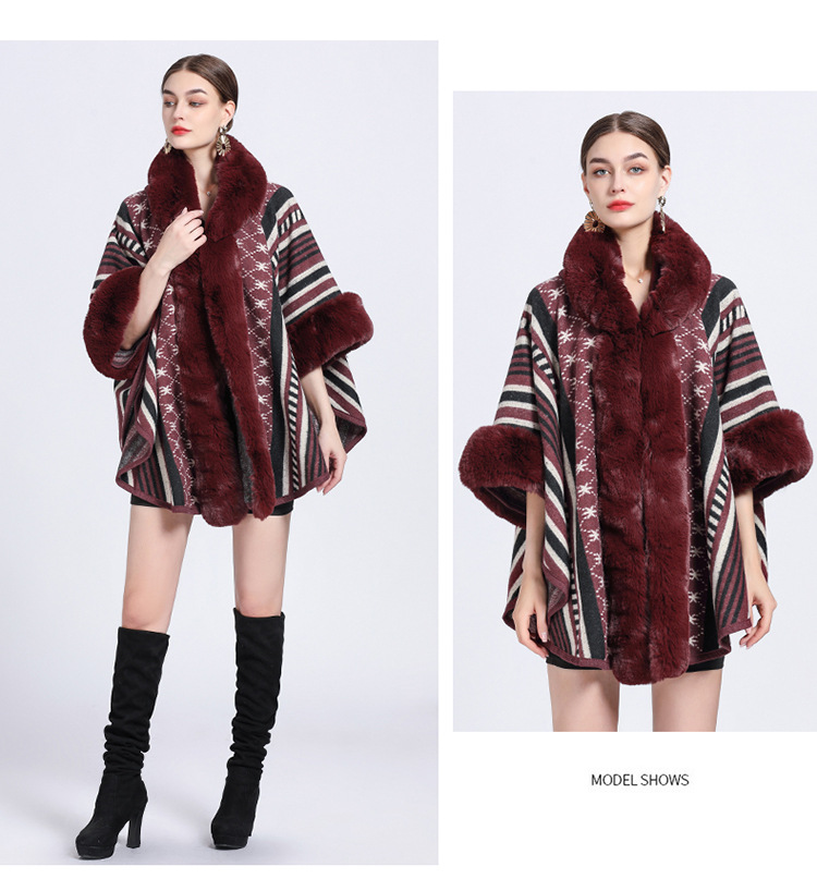 Mantella collo pelliccia grande taglia jacquard cardigan maglione cappotto donna_voghion.com