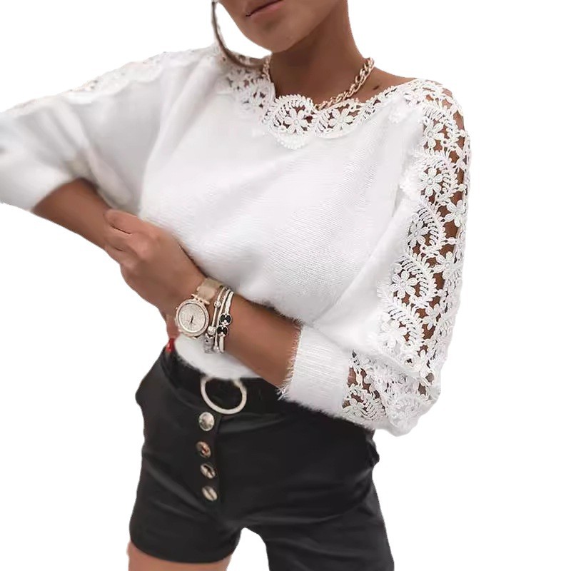 Amazon Maglione lavorato a maglia Temperamento Colletto a barca Maniche in pizzo impiombato Commercio estero transfrontaliero Tinta unita da donna Top Hollow