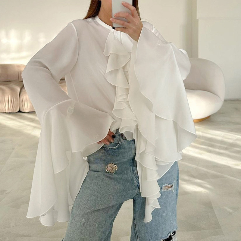 Fashionable White Loose Ruffled French Shirt for Women Summer Palace Style Lace Trumpet Sleeve Chiffon Shirt for Women
