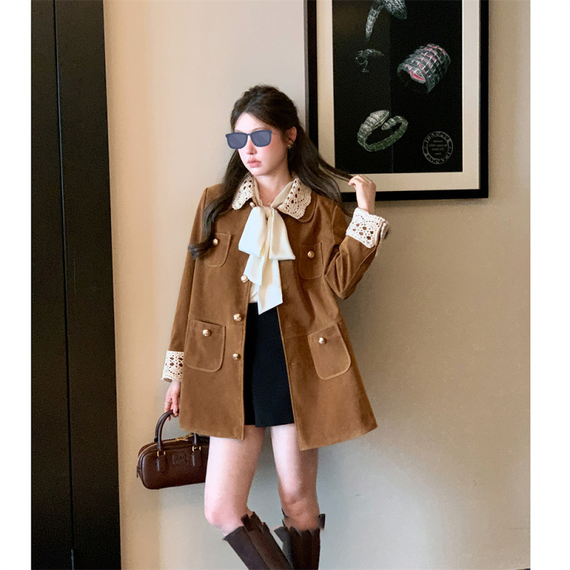 杨小卷 MIU系复古翻领中长款麂皮/丝绒外套工装风衣女 美拉德穿搭|undefined