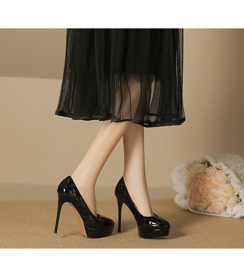 Giày cao gót nữ mũi tròn đế xuồng họa tiết ca rô gót 12 cm — Màu nude-12cm chi tiết 7