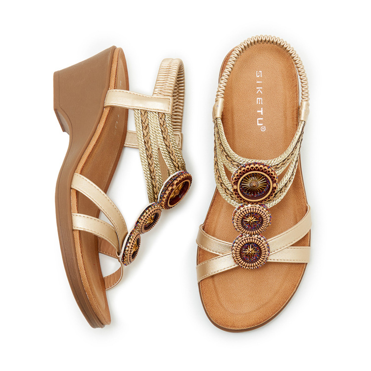 Sandal cao gót nữ phong cách Bohemian đế xuồng, đính đá và dệt kim loại, quai ngang — Champagne màu, màu đen, màu vàng chi tiết 32