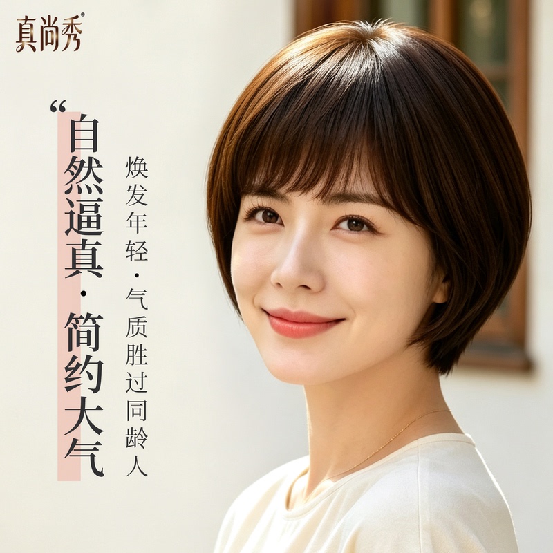 Women's full-head wig, short straight hair, natural style for middle-aged and elderly mothers, breathable, age-reducing, real hair bob wig Women's full-head wig, short straight hair, natural style for middle-aged and elderly mothers, breathable, age-reducing, real hair bob wig
